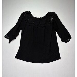 Entro Black Crochet Trim 3/4 Sleeve Blouse Top‎ Boho Chic Women's Size Small